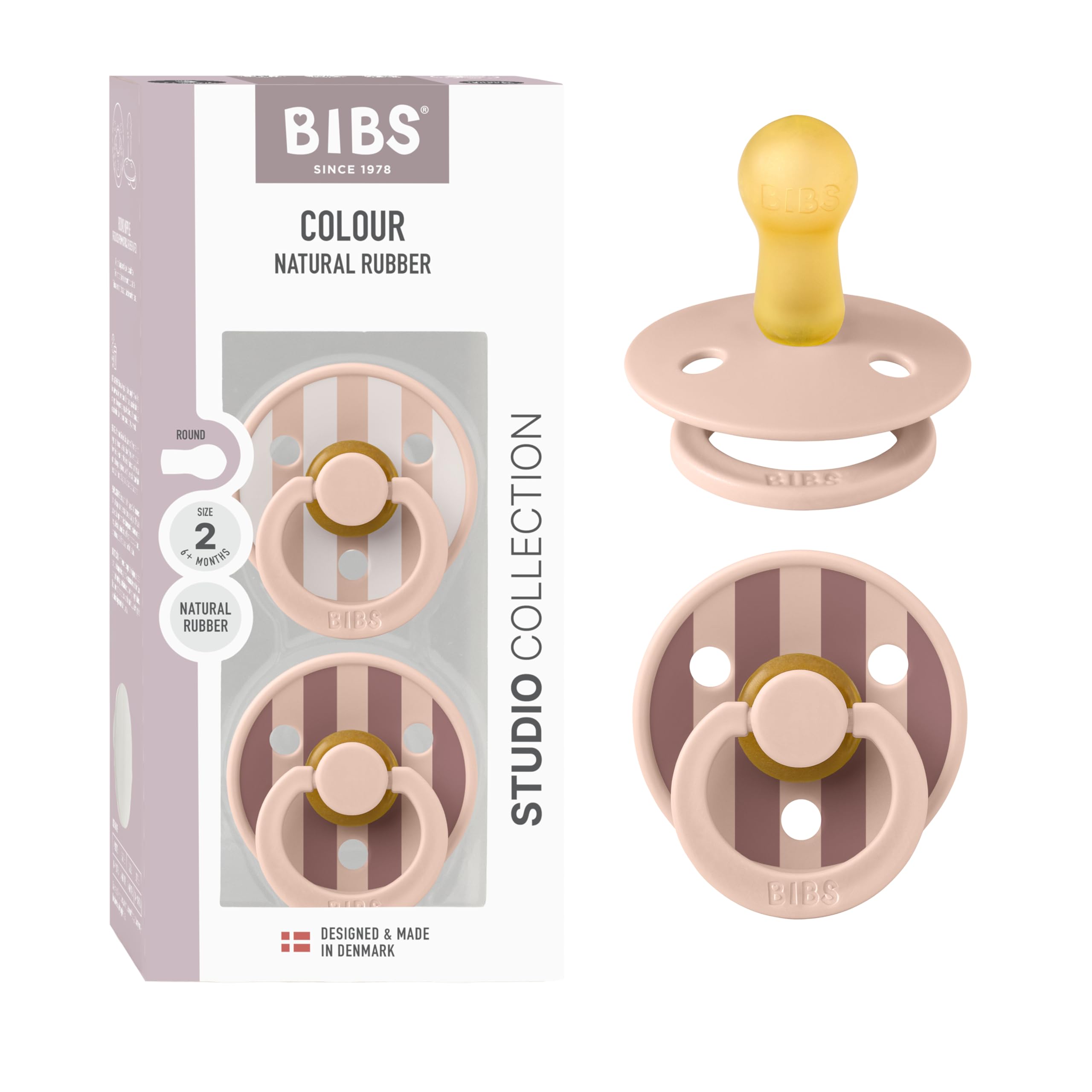 BIBS Colour Studio Soother 2-Pack, BPA Free Dummy Pacifier, Round Nipple. Natural Rubber Latex, Made in Denmark, Size 2 (6-18 Months), Violet Sky/Petal — view 18