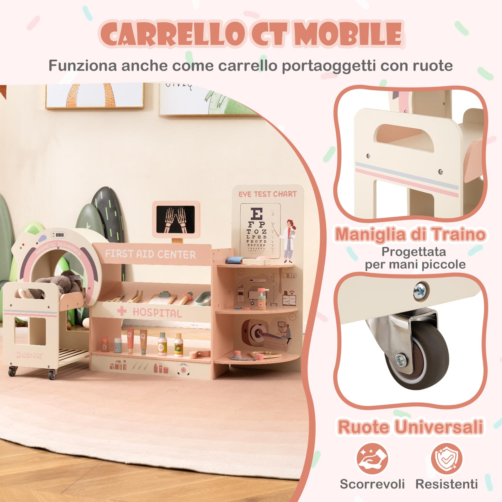 COSTWAY Set Gioco Dottore per Bambini, Medico Giocattolo in Legno con Tabella Oculistica, Macchinario CT e Radiografie, Gioco di Ruolo Medico Educativo con Accessori per Bambini 3+ Anni (Rosa)