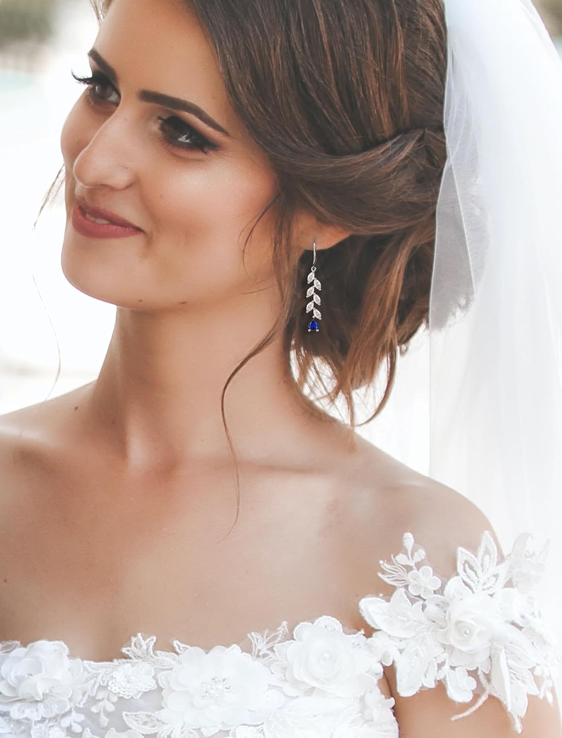 YL Wedding Dangle Earrings for Brides Bridesmaid Teardrop Birthstone Long Bridal Leverback Earrings Jewelry for Women - Image 3