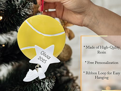 Miniatura 3 de Adorno navideño de tenis personalizado 2023  Personalización gratuita  Raqueta con bola colgante y estrellas para árbol de Navidad  Recuerdo único