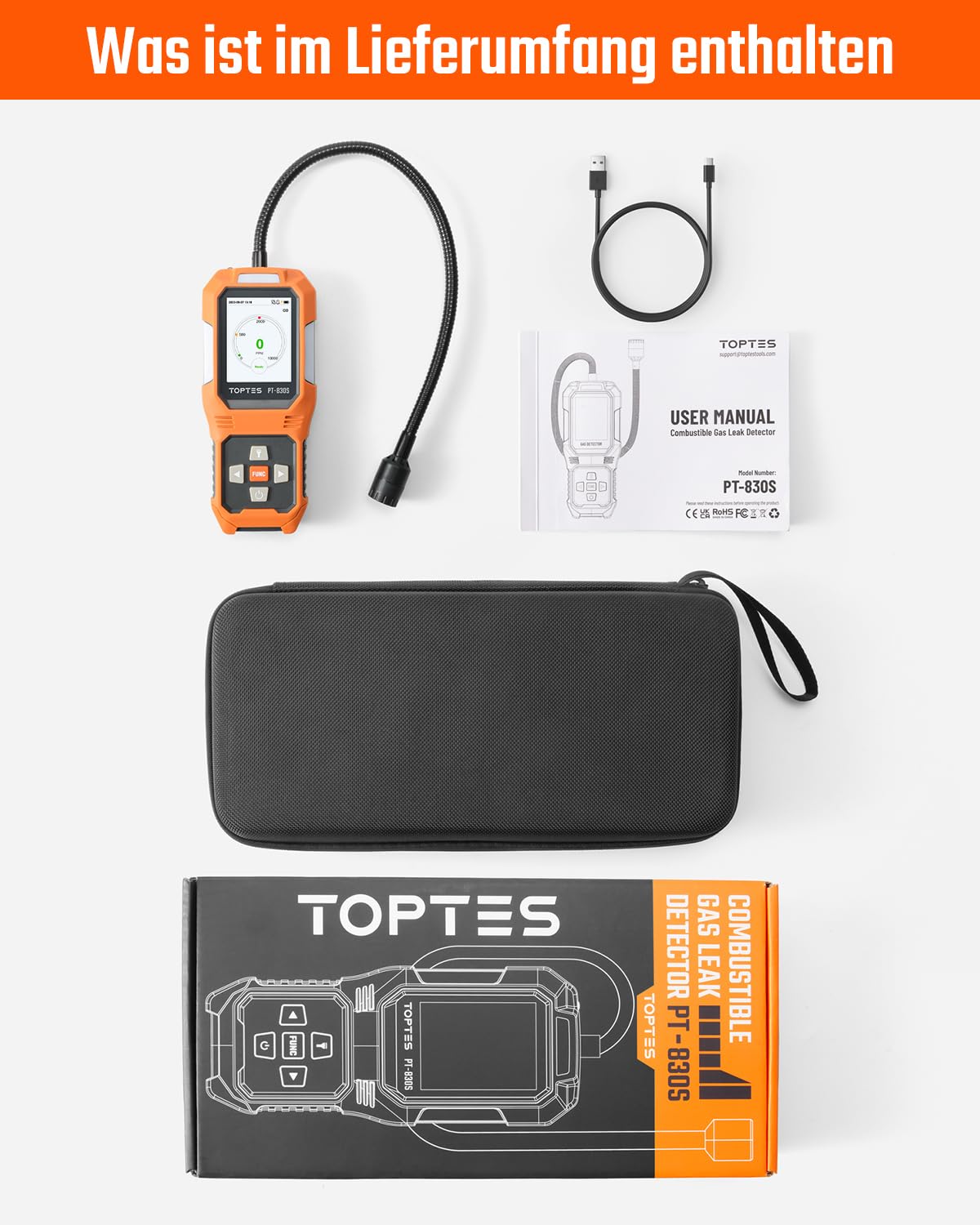TopTes PT-830S Wiederaufladbarer Gasmelder mit 36,8cm Sonde, Bereich 0-10000 ppm, TFT-Farbdisplay mit 3 Alarmtypen, Hohe Empfindlichkeit gaslecksuchgerät für Propan, Methan für Haushalt oder Industrie