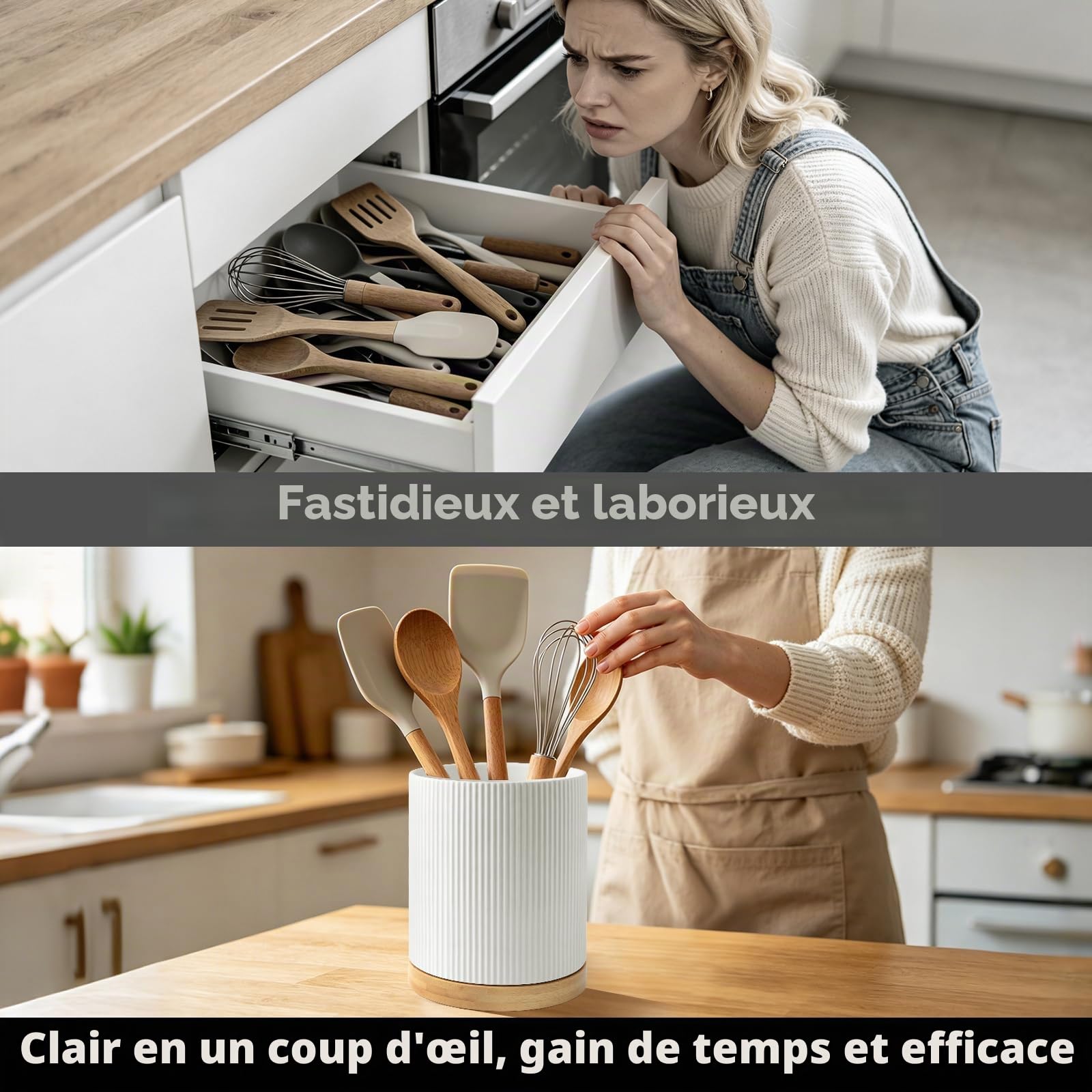 Porte Ustensiles Cuisine en Céramique: Porte-ustensiles en Bois Pivotant à 360°-Facile à Nettoyer Rangement pour ustensiles de Cuisine-Support pour Ustensiles de Cuisine pour Spatules Cuillères
