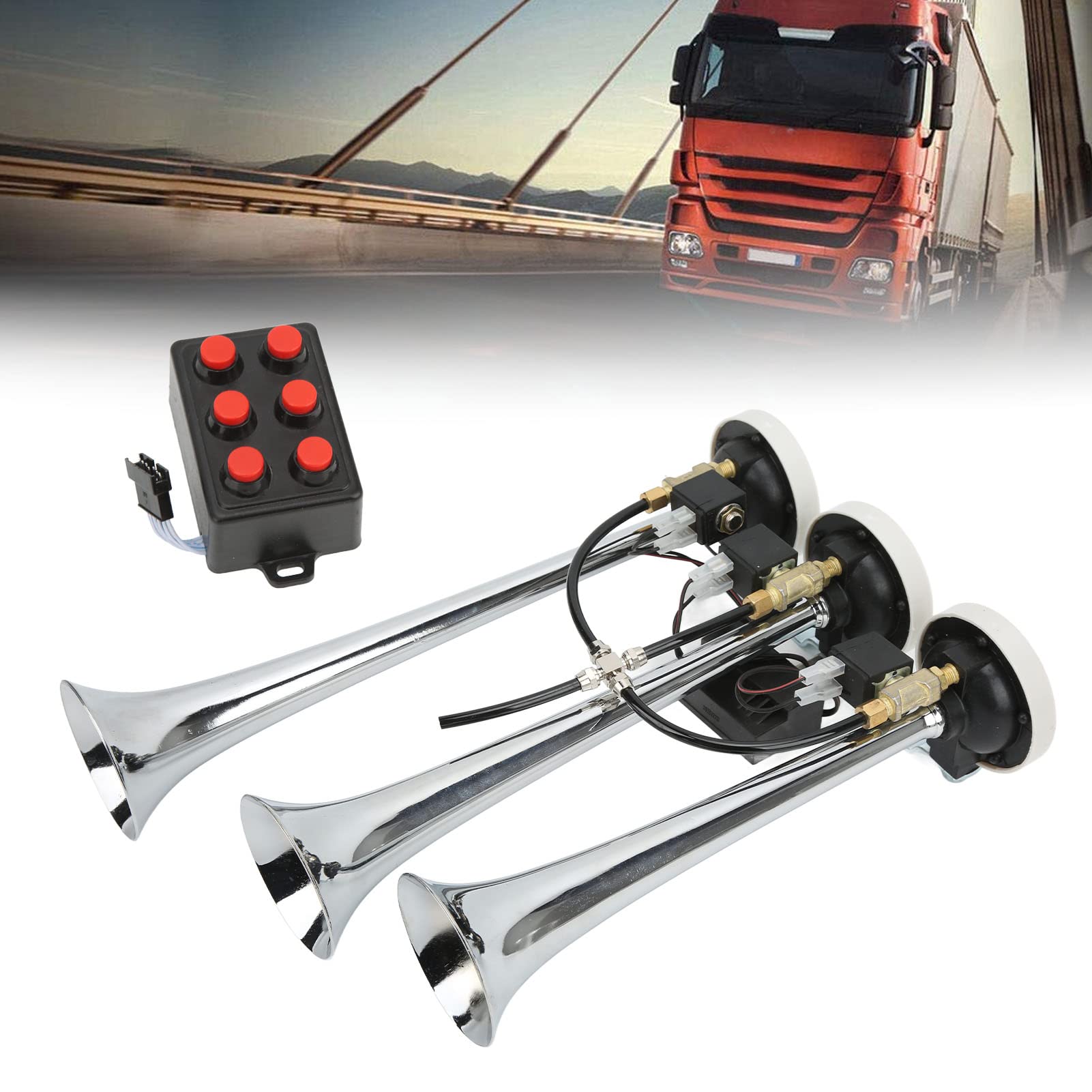 Tromba Ad Aria Compressa a 3 Trombe in Lega di Alluminio Aramox, 6 Melodie Cromate 305/342/385x79mm DC12V/24V, Adatta per Auto Club, Camion, Yacht