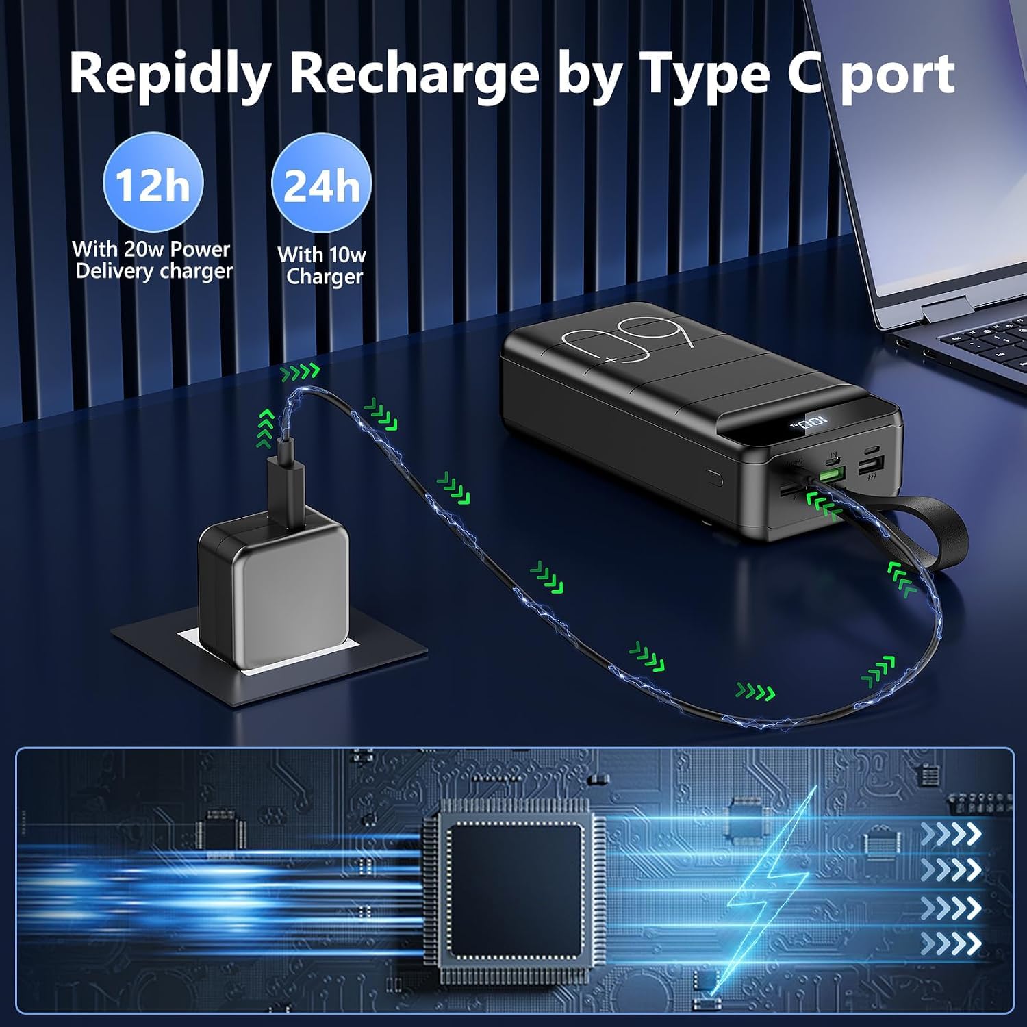 LQHUE Cargador portátil de carga rápida de 60000 mAh, 22,5 W, con linterna, 4 salidas y 3 entradas, pantalla LED, gran capacidad, batería externa para la mayoría de dispositivos electrónicos del