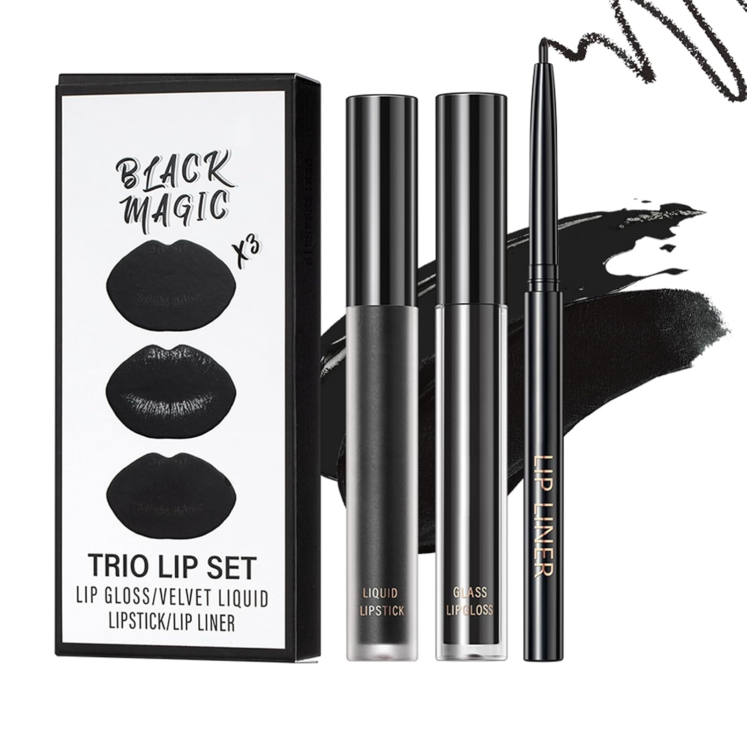3pcs-Black Lipstick and Lip Liner Set Lip Kit,3 in 1 Velvet Lipstick Halloween Matte Liquid Lipstick Lip Gloss with Lip Pencil,Hydrating Lip Stain Lip Makeup（Black）