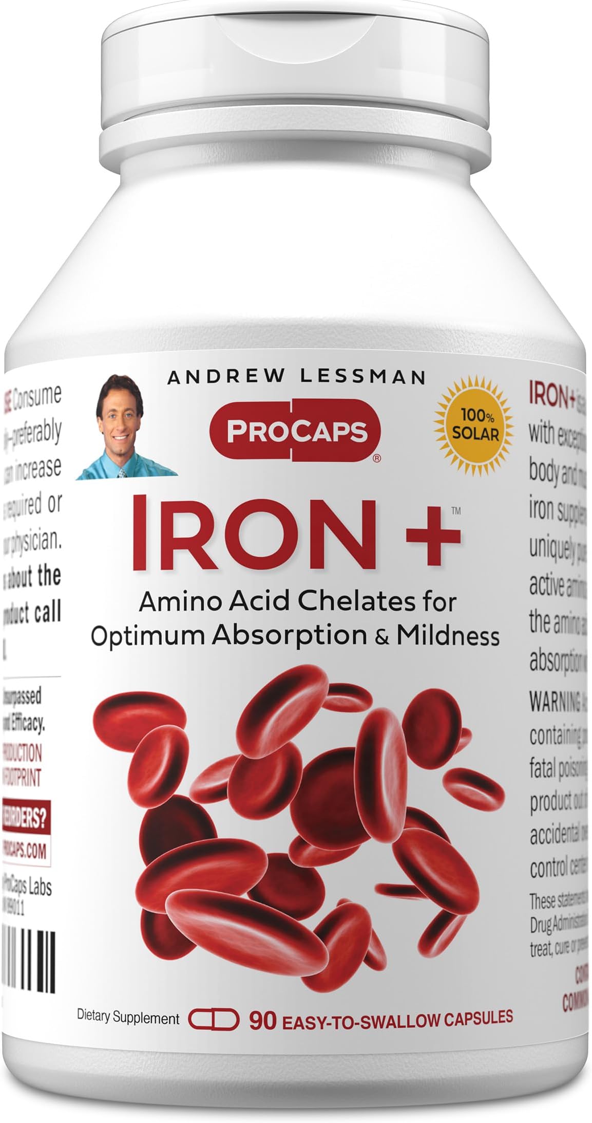 ANDREW LESSMAN Iron Plus 90 Capsules - 18mg Iron, 100% Pure Amino Acid Chelated Iron (Glycinate, Aspartate), Plus Vitamin C for Increased Absorption, Small, Easy to Swallow Capsules, No Additives