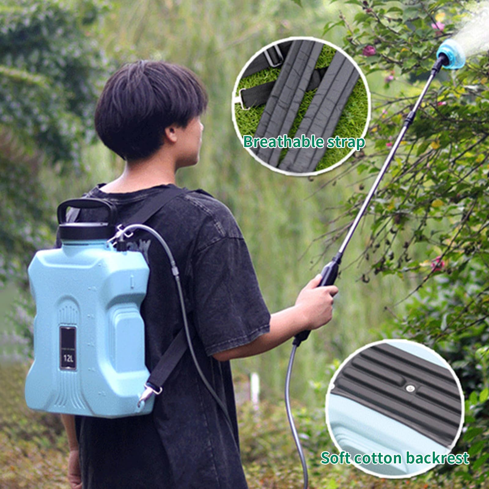 Spruzzatore a pressione a batteria, 7/12 litri, spruzzatore da giardino per la protezione delle piante, giardino, spruzzatore posteriore con ugelli e tracolla regolabile, spruzzatore a pressione per