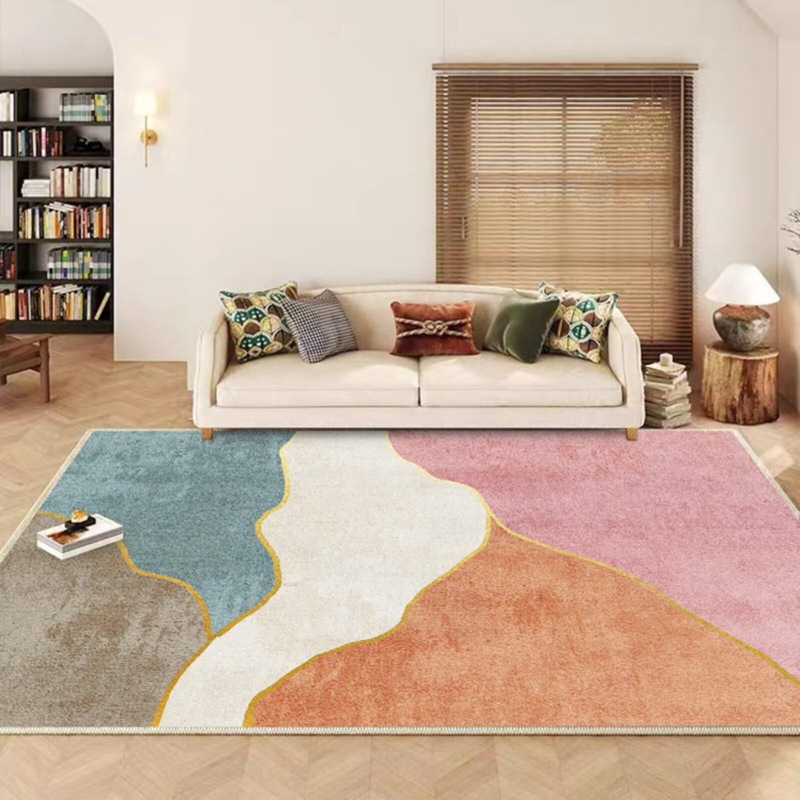 Lavable Machine Tapis de Chambre À Coucher,Doux Géométrie Moderne pour Chambre Ado Fille,Bureau,sous la Chaise De Bureau Couleur rose120x180cm