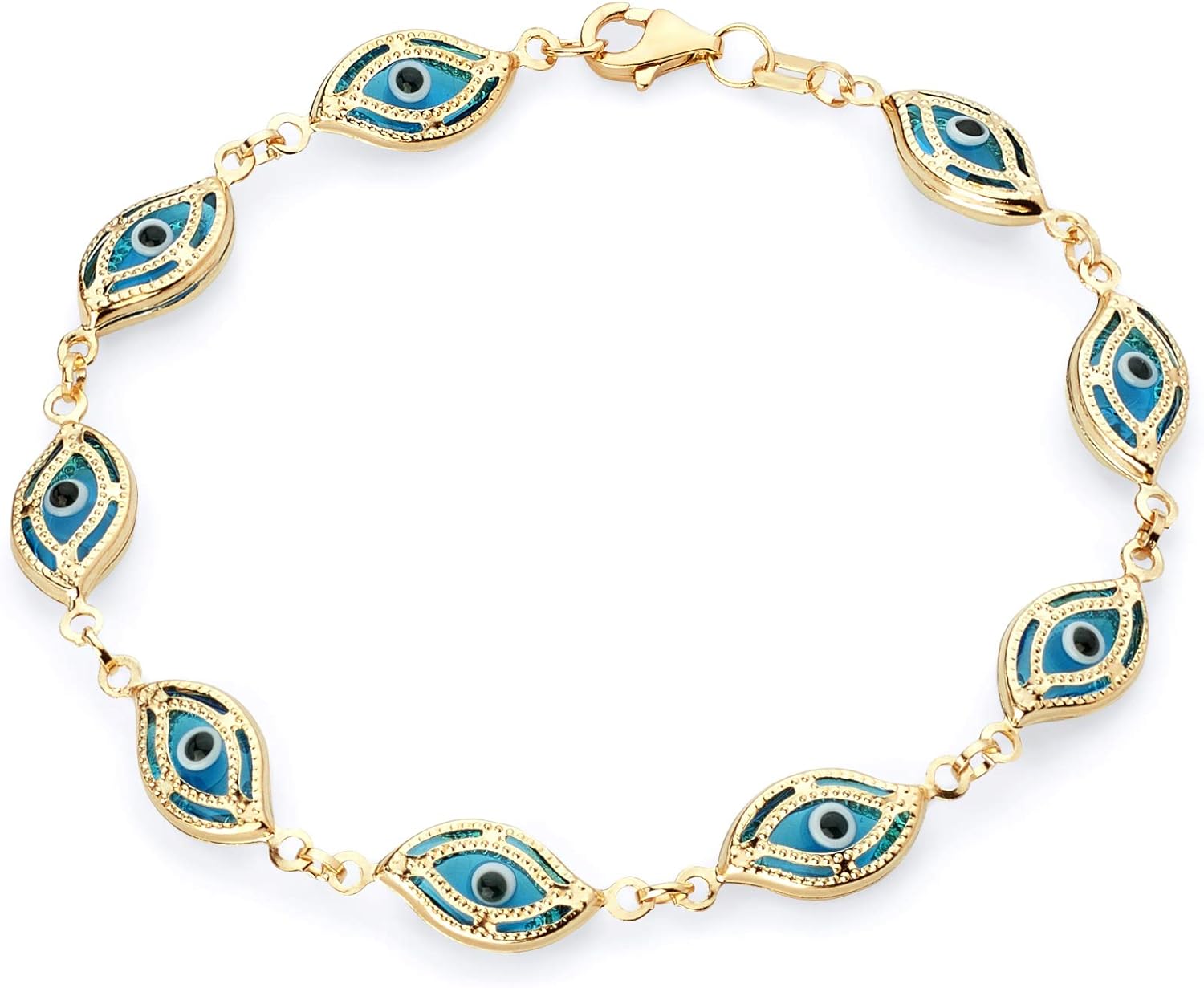 14k REAL Yellow Gold Blue/Red/Multi Color Evil Eye Bracelet - 7.5"
