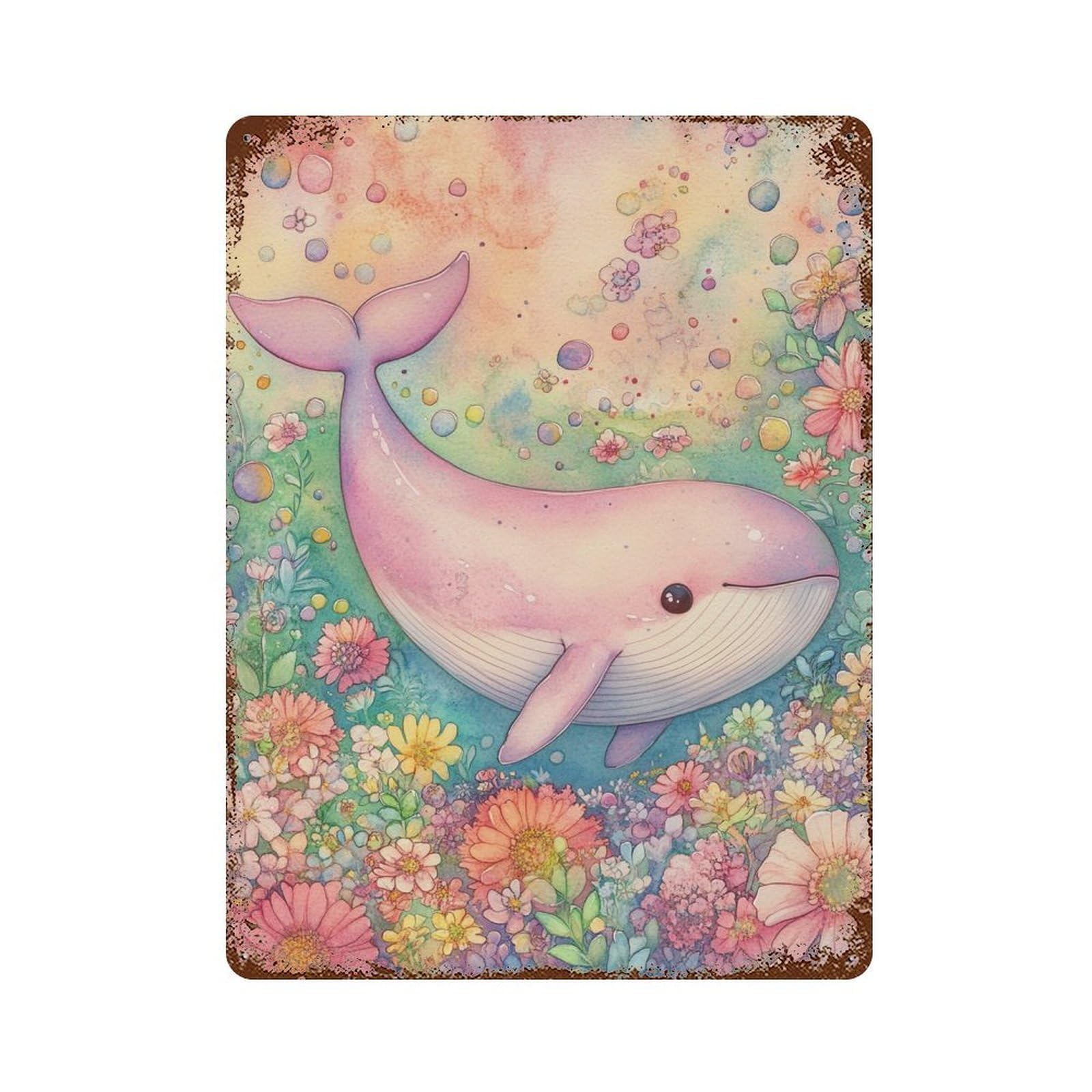 Rusty Metal Tin Sign with Whale in Flower Garden-6 Design 15.7"x11.8", for Farmhouse, Kitchen And Entryway Decor, Classic Wall Plaque