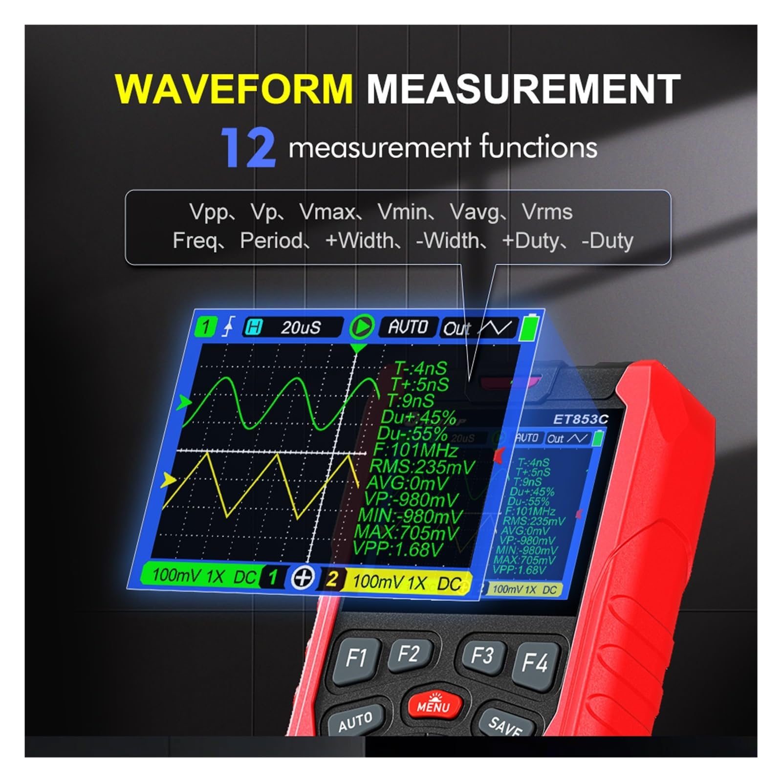 Osciloscopio digital, Osciloscopio portátil de 2 canales 70 MHz, multímetro profesional y herramienta generadora formas onda