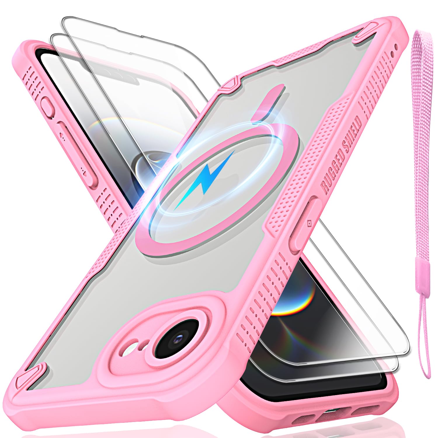 Coque magnétique iPhone 16E antichoc avec lanière rose - 7