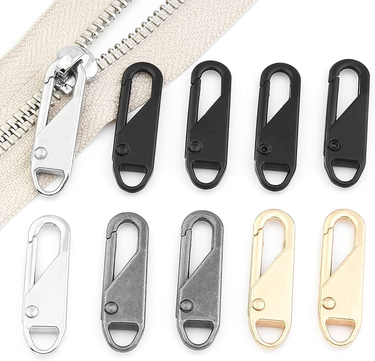 JICOOT 10 Pieces Zipper Pull Replacement Zipper Repair Kit Zipper Slider Pull Tab Universal Zipper Fixer Metal Zipper Head (Black, Silver, Gun-Black, Platinum, Light Gold, Bronze)