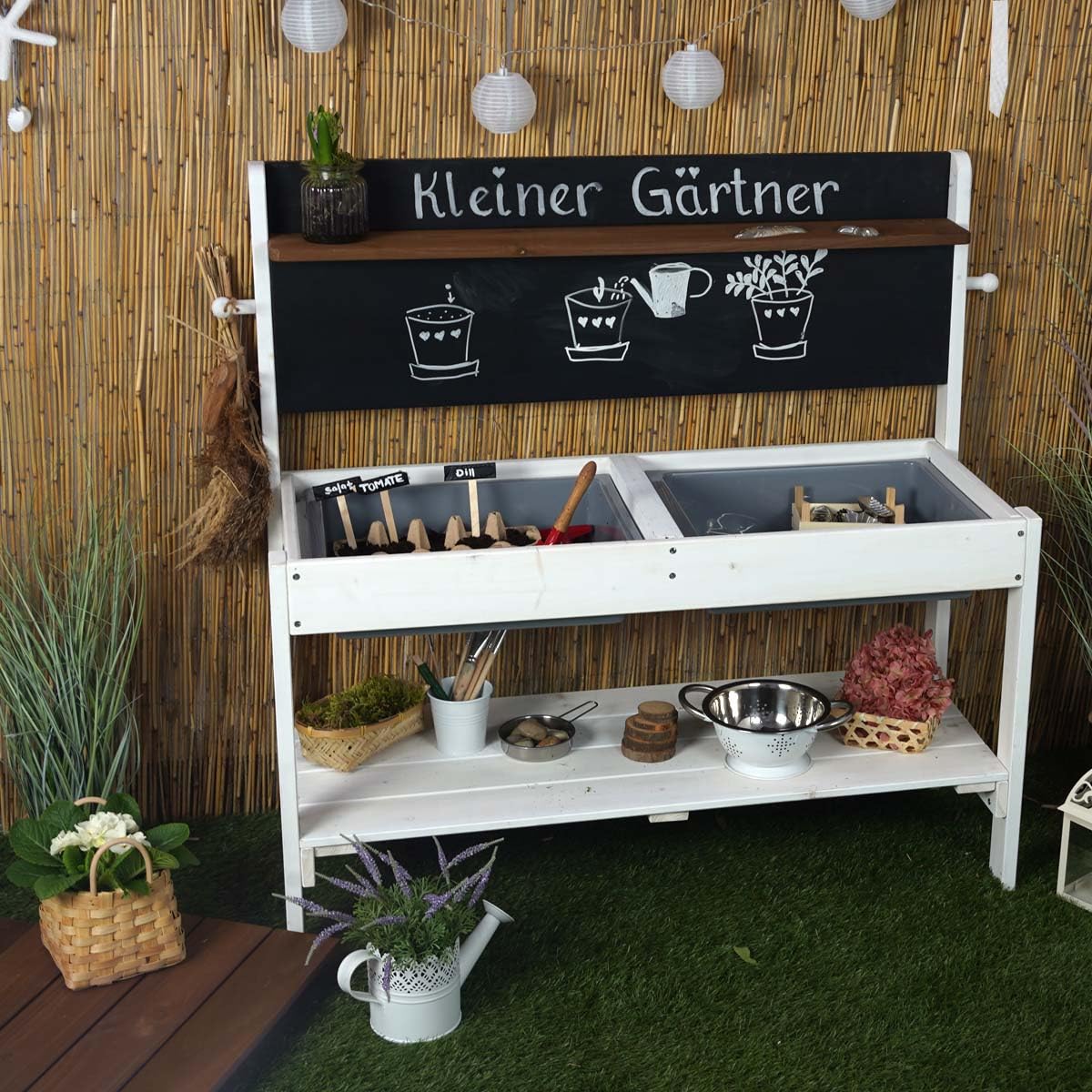 Meppi Matschküche Kleiner Gärtner aus Holz - Outdoorküche für Kinder mit Matschwannen - Pflanztisch & Basteltisch