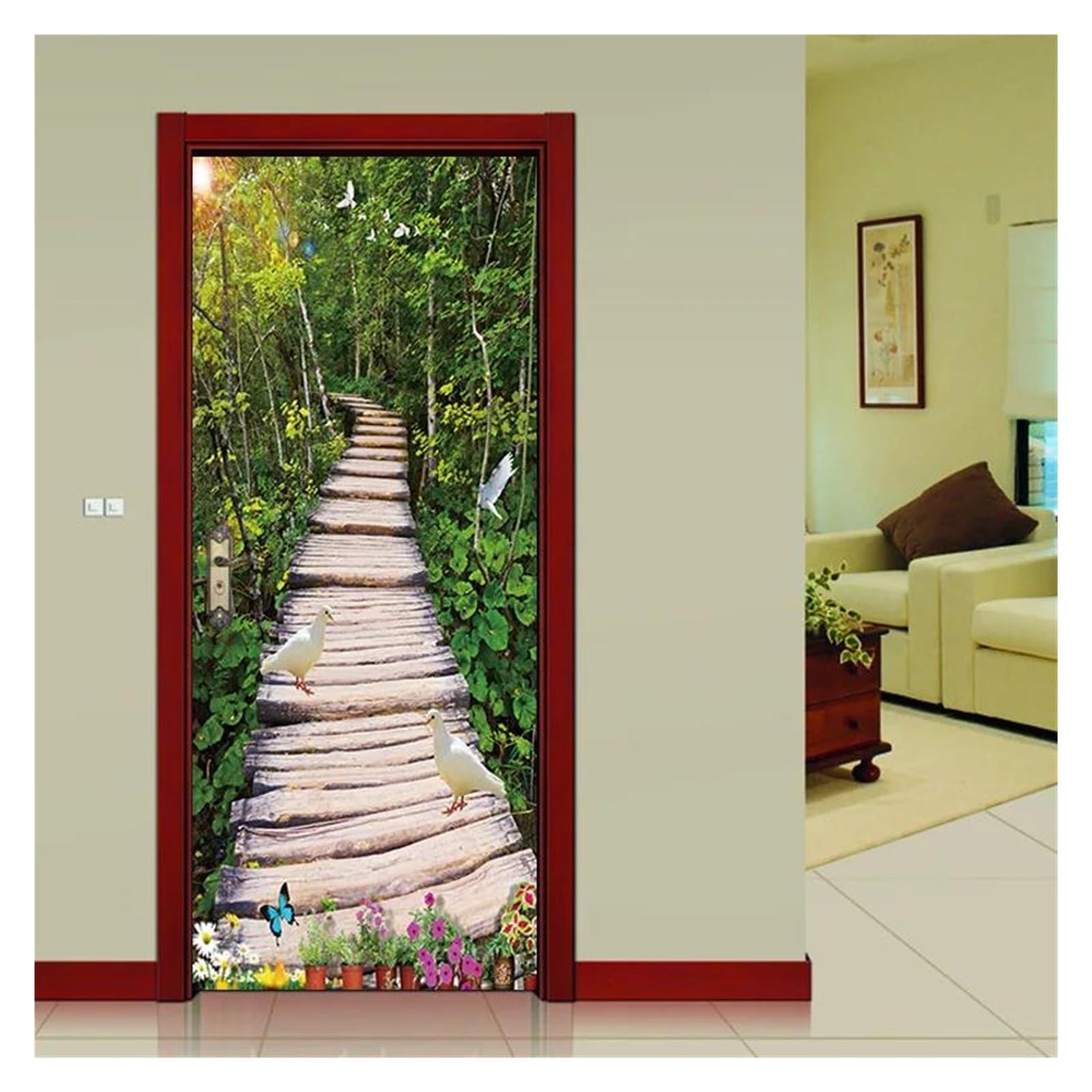 Fresque de porte classique florale effet trompe l'oeil pour couloir