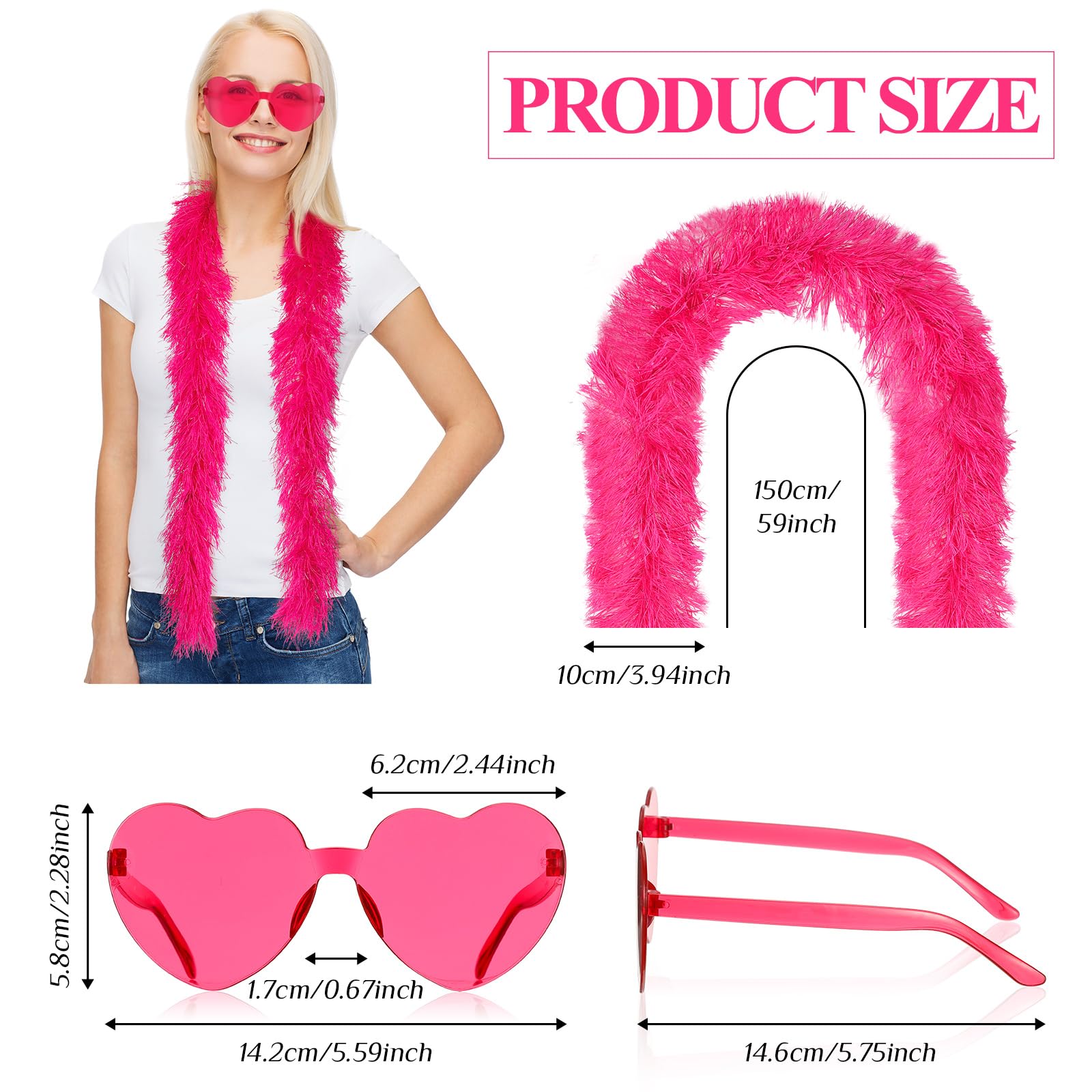 Sinmoe 16 Pezzi 5 Piedi Set Boa di Piume per Festa e Occhiali a Cuore Senza Montatura Accessori di Boa con Occhiali per Feste Matrimoni Costume Travestimento Forniture per Feste