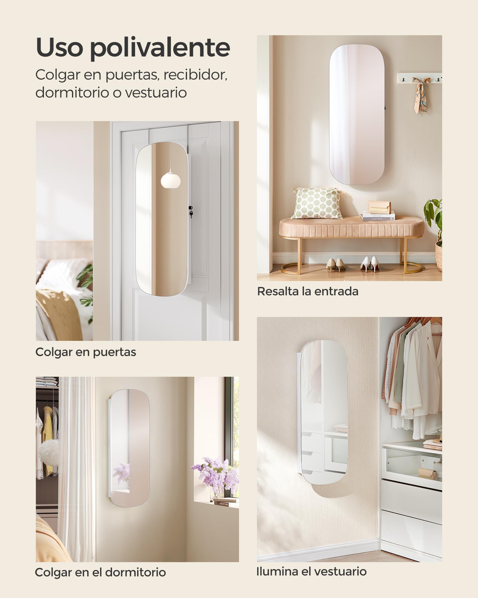 SONGMICS Armario para Joyas, Espejo Joyero de Pared, Organizador con Luz LED y Cerradura, Varios Compartimentos, para Pendiente, Collar, Superficie Blanca y Forro Gris Beige JJC026W01