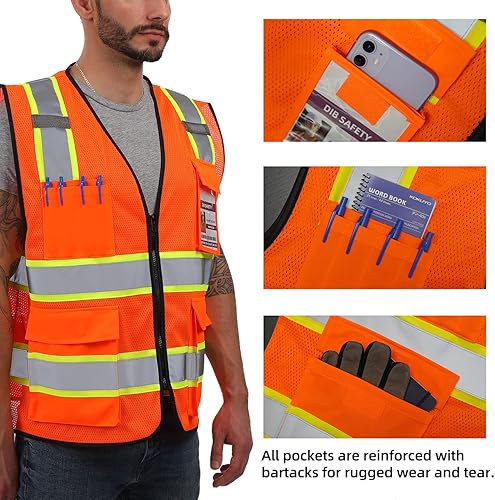 Miniatura 3 de Dib Safety Chaleco de malla reflectante de alta visibilidad, dos tonos con bolsillos y cremallera, cumple con ANSI Clase 2, malla naranja con ribete
