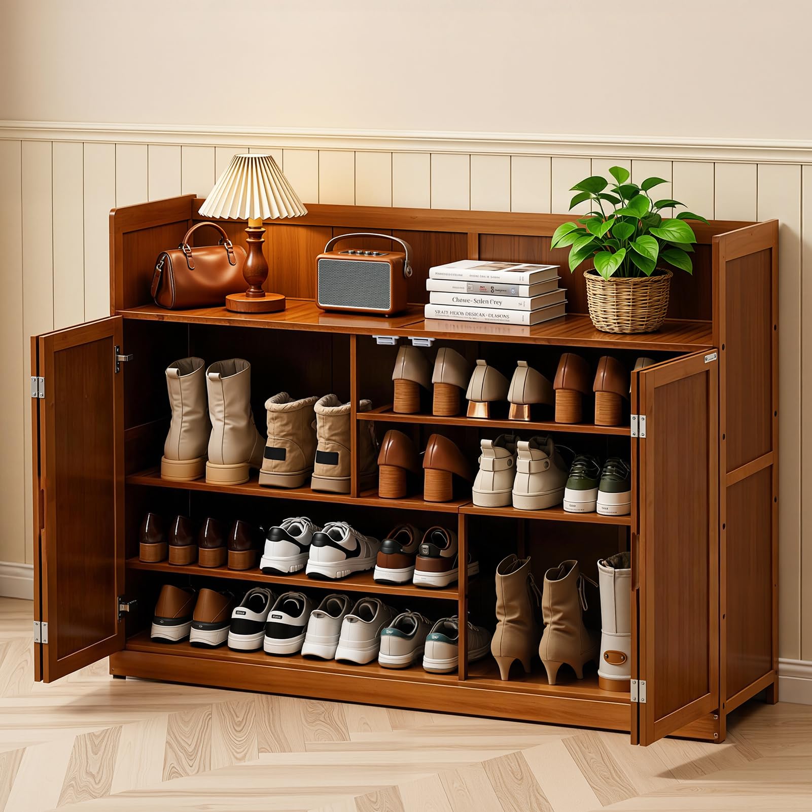 Warmiehomy Shoe Storage Cabinet, 5-Tier Shoe Cupboard with Pull Down Doors, Saving Space Shoes Storage Organiser Rack for Entryway, L117 x W33 x H85cm