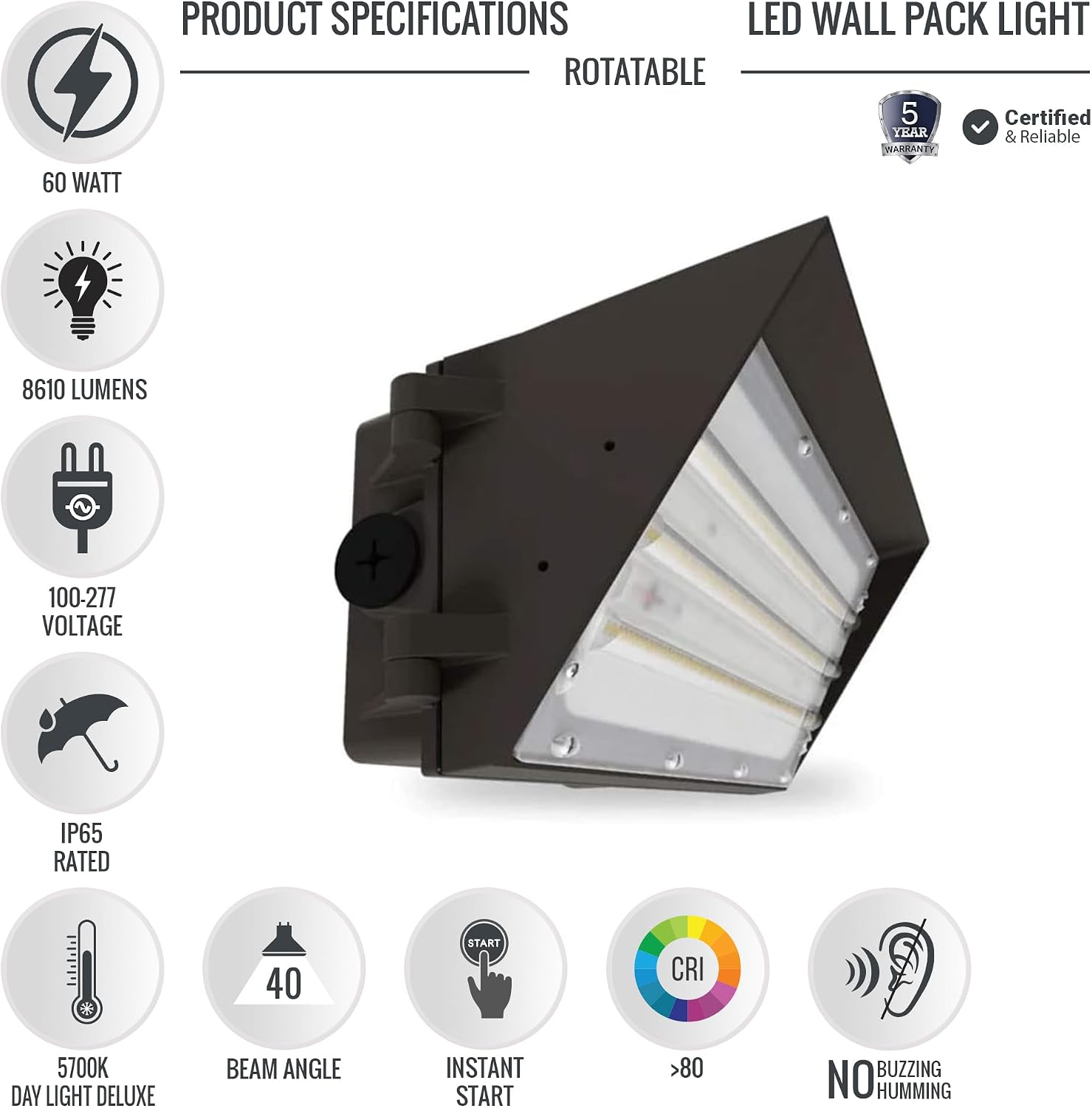 LEDMyplace 60W LED Wall Pack Light Fixtures Semi Cut off, 5700K Cool White, 8610 Lumens, Commercial Security Lighting, IP65 Waterproof, Outdoor Wall Pack for Stadium, Parking Lots, Building, Pack of 2