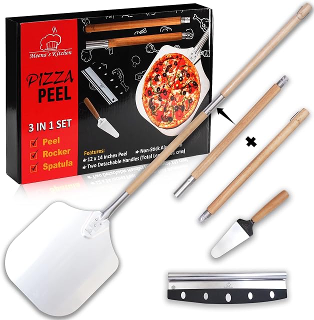 Meenas Kitchen Finest Pizza Peel, Space-Saving with 2 Detachable Handles, 3 in 1 Set with Pizza Cutter & Spatula, 12 x 14 Inches Non-Stick Aluminium Pizza Paddle, Pizza Peel 12 Inch for Pizza Oven