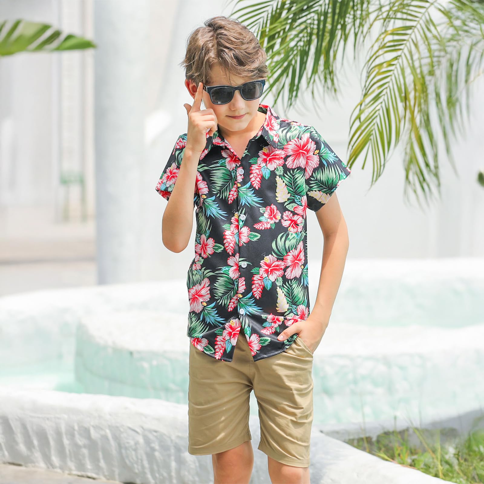Boys Hawaiian Floral Aloha Print Shirt Button Down Dress Shirt for 7-14 Years - 4