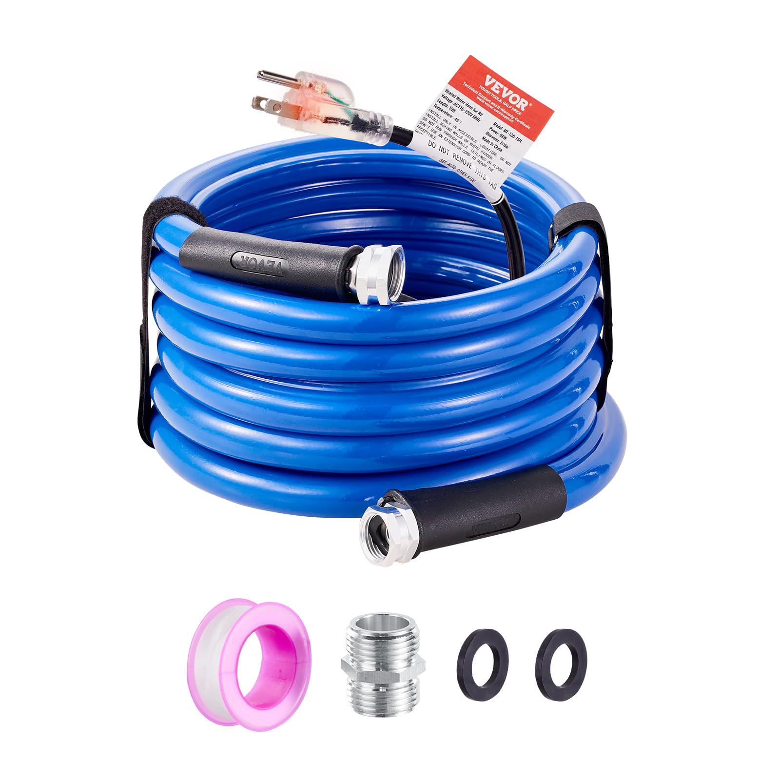 VEVOR Tuyau d'Eau Chauffant 4,6 m pour Camping-car, Tuyau d'Eau Potable Antigel jusqu'à -42,7 ℃, Autorégulation Automatique, Diamètre Intérieur de 16 mm avec Raccords Rapides, sans Plomb et sans BPA