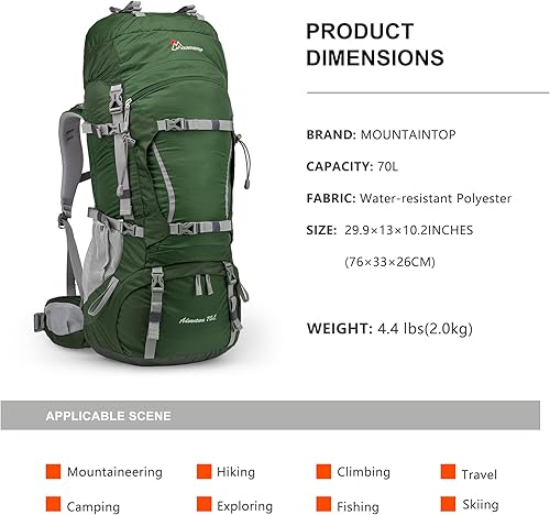 Miniatura 2 de MOUNTAINTOP Mochila de marco interno de 70L para camping, mochilero, mochila de senderismo para hombres y mujeres con cubierta de lluvia