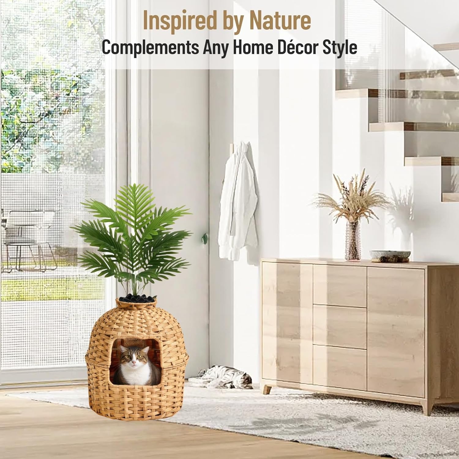 Cat Litter Box Enclosure Furniture with Artificial Plant - Handwoven Rattan Round Planter, Hidden Odor Control System, Easy Clean, for Living Room, Bedroom, Corner, Natural Decor
