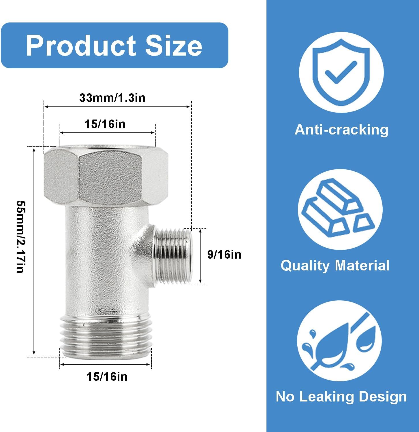 Bidet T Adapter, 15/16″ 3 Way Adapter Tee Connector T Connector Bidet Attachment， Valve Hose Fitting for Shower Head Diverter Sprayer Faucet
