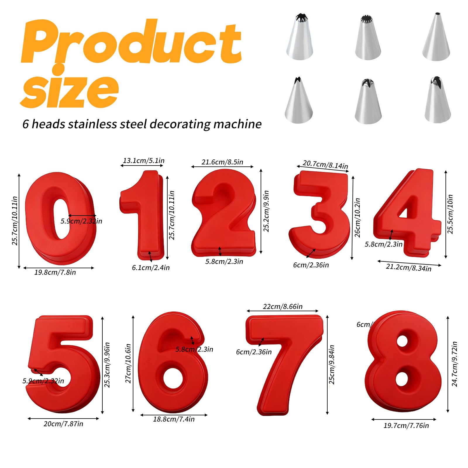 Moule à gâteau en forme de chiffre de 0 à 8 - Grande taille - 25,4 cm - Avec 6 douilles en silicone - Antiadhésif - Rouge