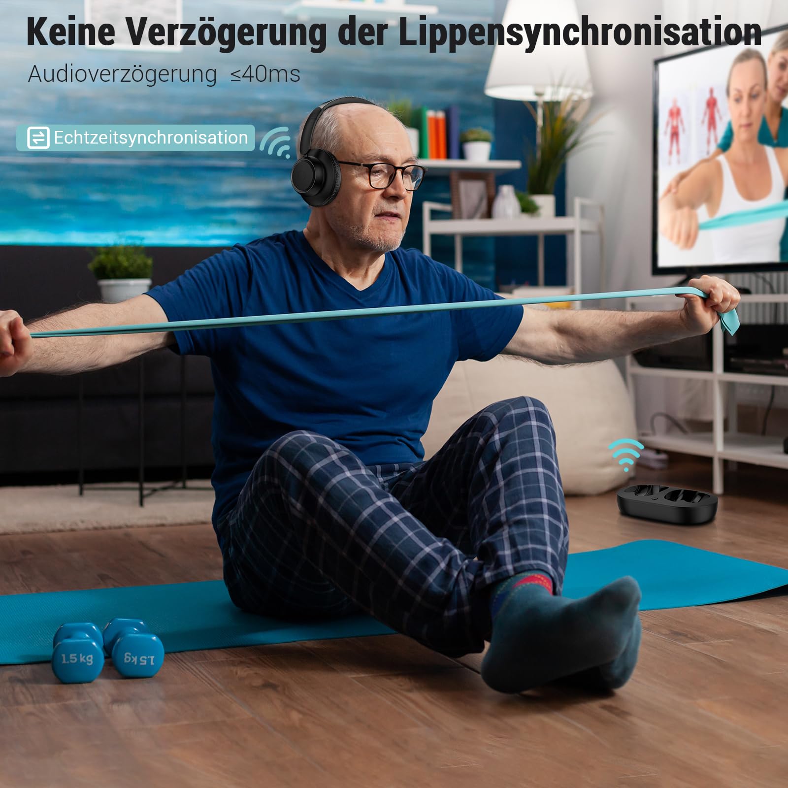 Funkkopfhörer für Fernseher, kabellose TV-Kopfhörer mit TV-Sender-Ladestation für Senioren, Hörgeschädigte, Keine Audioverzögerung, Blutooth-Kopfhörer, Plug-and-Play, Schwarz