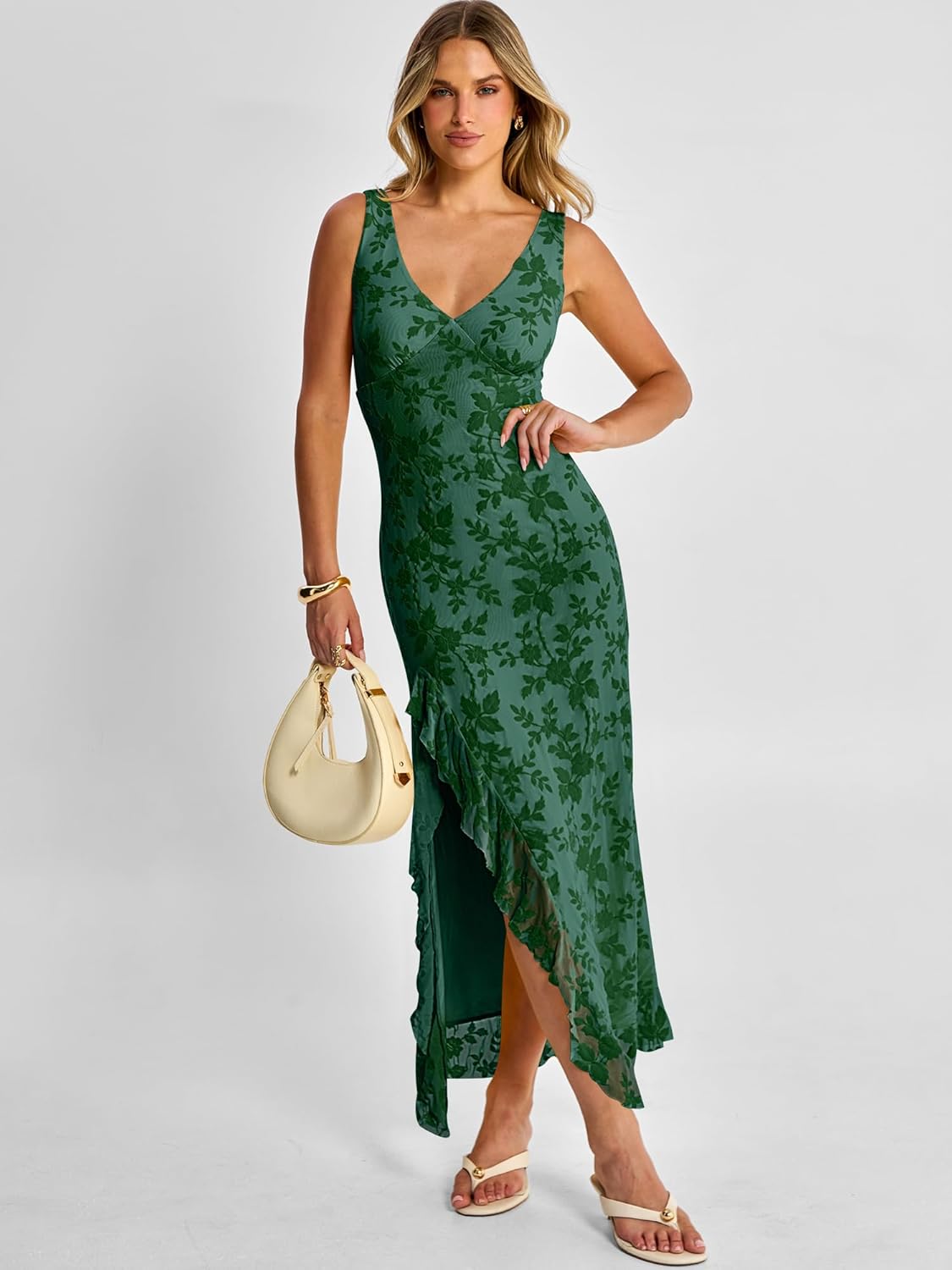 ANRABESS Womens Sexy V Neck Sleeveless Wedding Guest Dresses Spring Mesh Bodycon High Slit Ruffle Hem Cocktail Maxi Dress