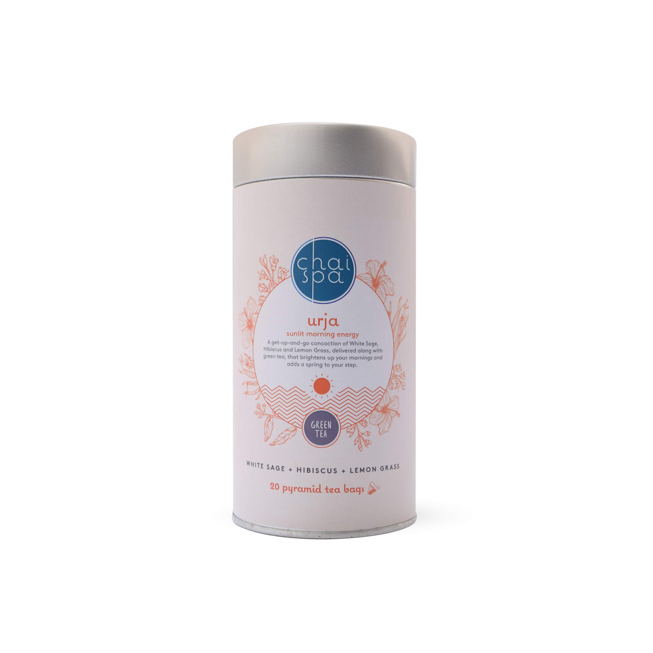 ChaiSpa NABL Certified URJA Energising Morning Hibiscus, White Sage, Lemon Grass and Other Herbal Ingredients Blended with Finest Green Tea Leaves Dust-Free Green Tea (20x3 gm) -20 Pyramid Bags