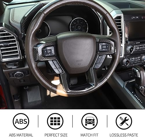 Miniatura 6 de CheroCar Kit de decoración interior de fibra de carbono, 11 piezas para Ford F150 2015-2020, marco de botón de dirección, cubierta de salpicadero,