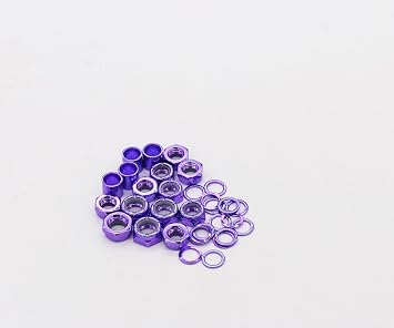 Skateboard Truck Hardware Kit, Steel, Includes 4 Kingpin Nuts, 4 Spacers, 15 Speed Rings, 8 Axle Nuts Purple