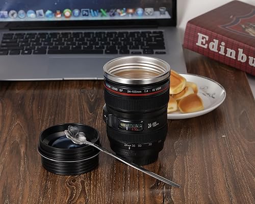 Miniatura 4 de Tazas de café con lente de cámara, tazas de lente de acero inoxidable con cuchara de trébol de cuatro hojas, regalos de Navidad novedosos para