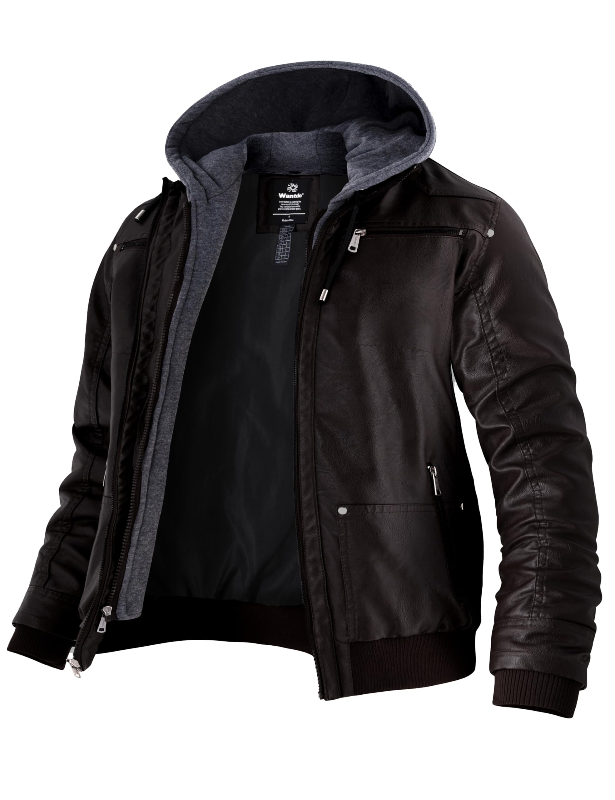Wantdo Giacca in Pelle da Uomo Giubbotto con Cappuccio Rimovibile da Lavoro Mezza Stagione Primavera Antivento Antipioggia Giacca da Moto Casual