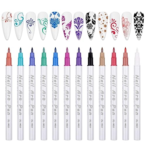 Kalolary - Juego de bolígrafos de arte de uñas 3D de metal dorado de 12 colores, punta de uñas de grafiti, bolígrafo de punteo de dibujo, pincel