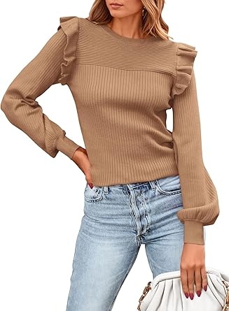 PRETTYGARDEN Women's Ruffle Long Sleeve Sweaters Crew Neck Lightweight Sweater 2025 Fall Trendy Ribbed Knit Pullover Tops