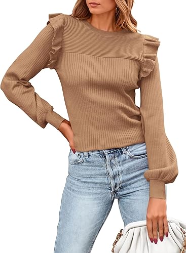 PRETTYGARDEN Women's Ruffle Long Sleeve Sweaters Crew Neck Lightweight Sweater 2025 Fall Trendy Ribbed Knit Pullover Tops