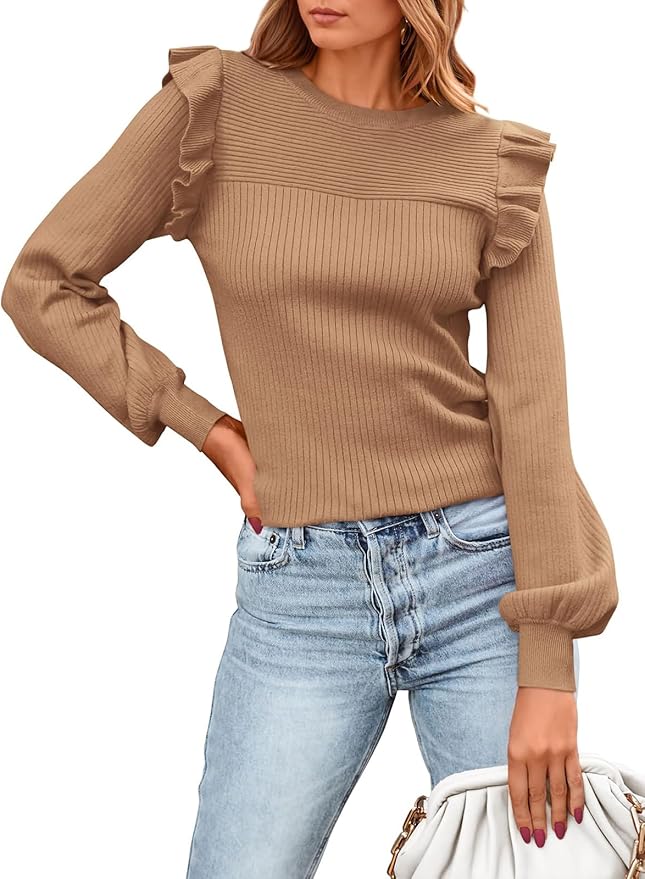 PRETTYGARDEN Women's Ruffle Long Sleeve Sweaters Crew Neck Lightweight Sweater 2025 Fall Trendy Ribbed Knit Pullover Tops