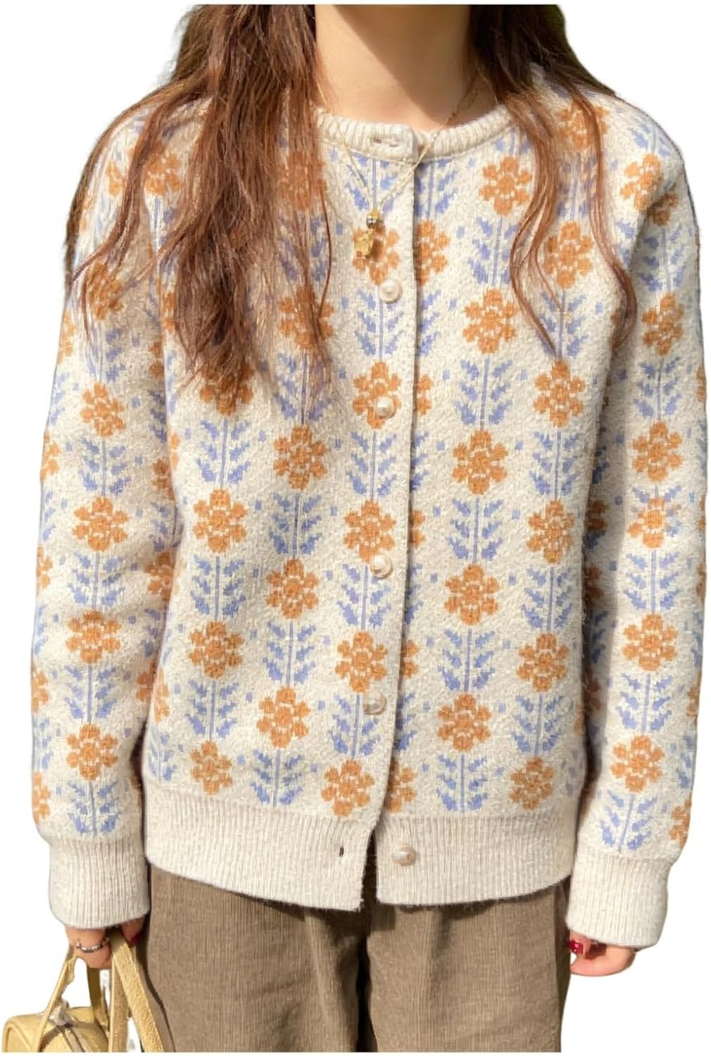 GORGLITTER Women's Floral Cardigan Sweaters Open Front Long Sleeve Button Down Knit Vintage Sweater