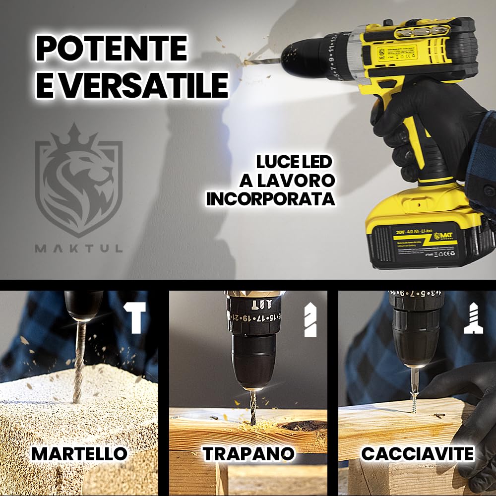 MAKTUL Trapano Avvivatore a Percussione Batteria Potente 2x4000mAh 20V Drill Elettrico Multifunzione Senza Fili con Accesori Fai Da Te 100% Compatibile, Luce Livello Regolazione Coppia, 2 Velocità