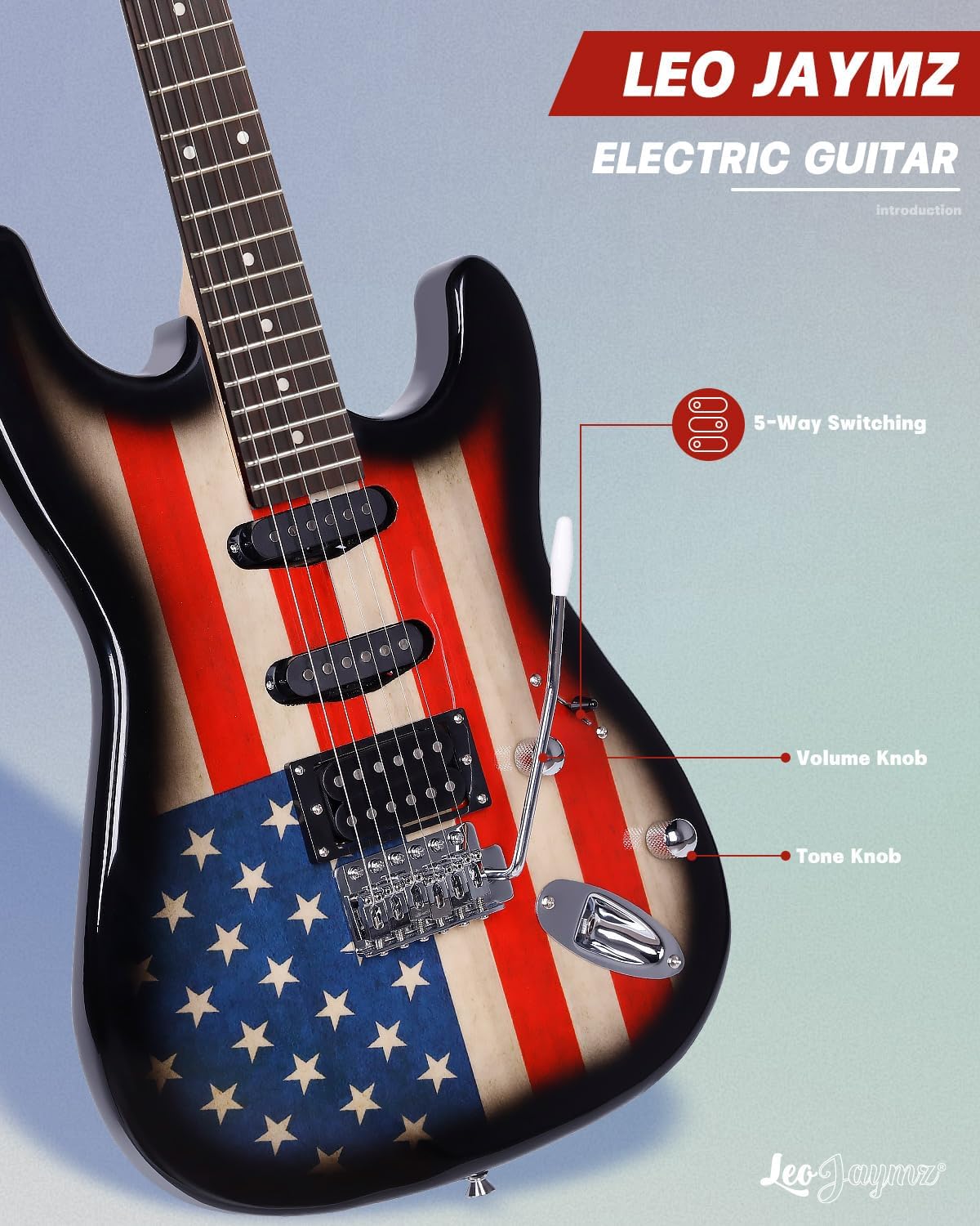 Leo Jaymz 39" Full Size ST Style Electric Guitar Starter Kit with SSH Pickup, 5W Portable Amp, Tuner, Gig Bag, Strap & Accessories (US Flag)