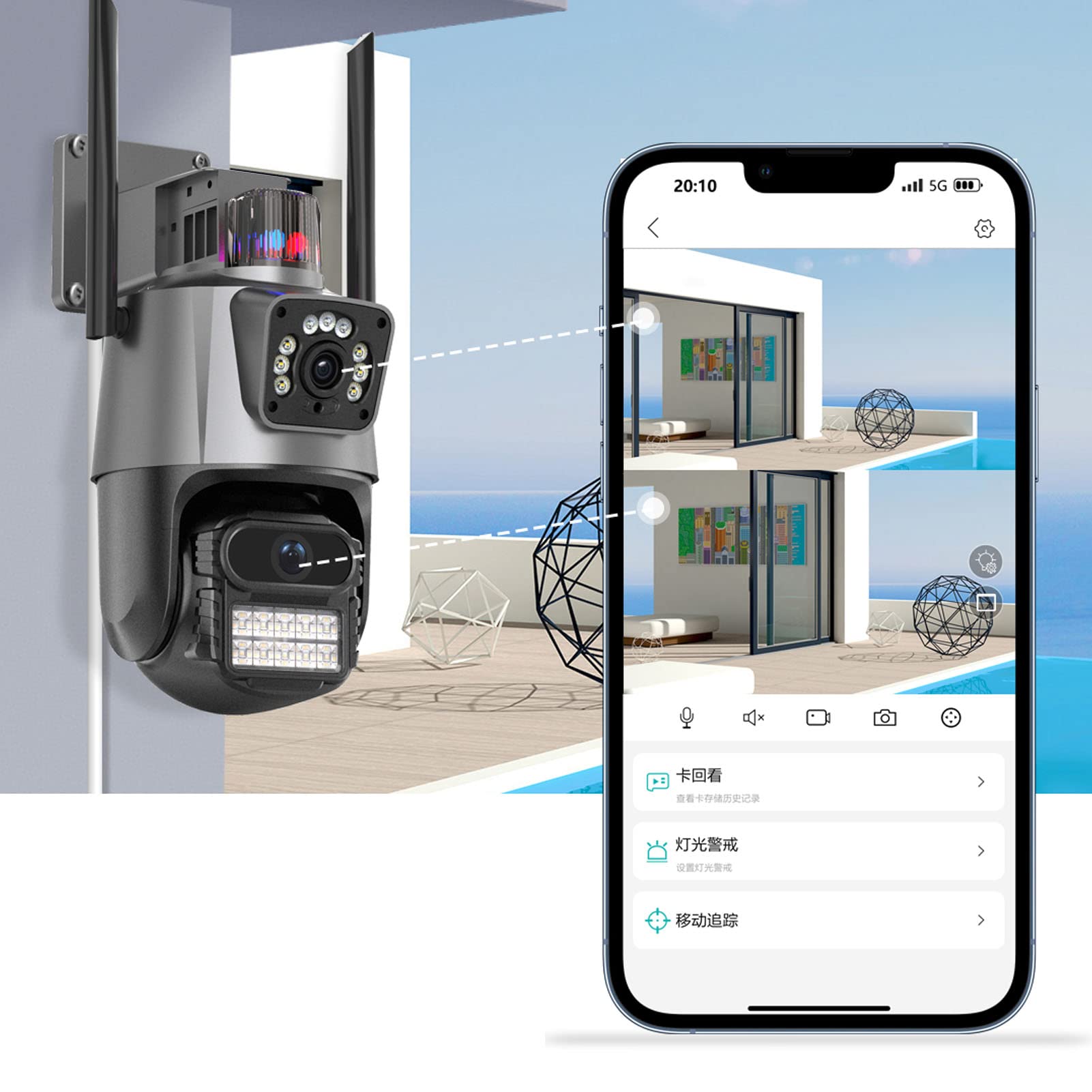 Garsent Kamera Bezpieczeństwa na Zewnątrz, Kamera PTZ WiFi 8MP 360 Stopni z detekcją Ruchu, Wodoodporna IP66 z Noktowizorem, 2-kierunkowy Dźwięk (wtyczka UE)