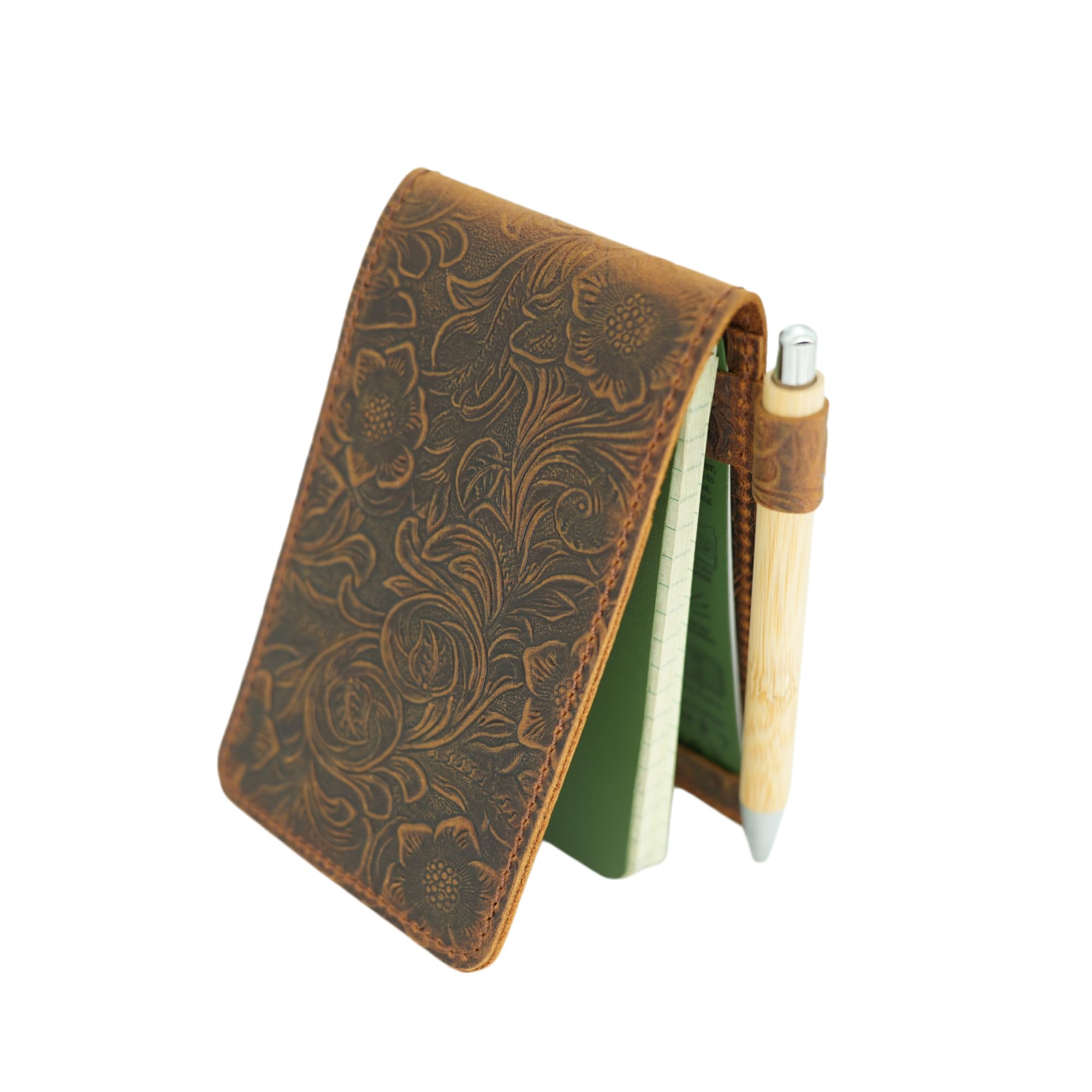 JJNUSA Genuine Leather Notepad Cover For Mini Pocket Notebook 3" X 5", Leather Cover For Rite In The Rain Top-Spiral Notebook, Travel Index Cards 3 x 5/3" x 5" Cover Holder Jotter (Flower Brown)