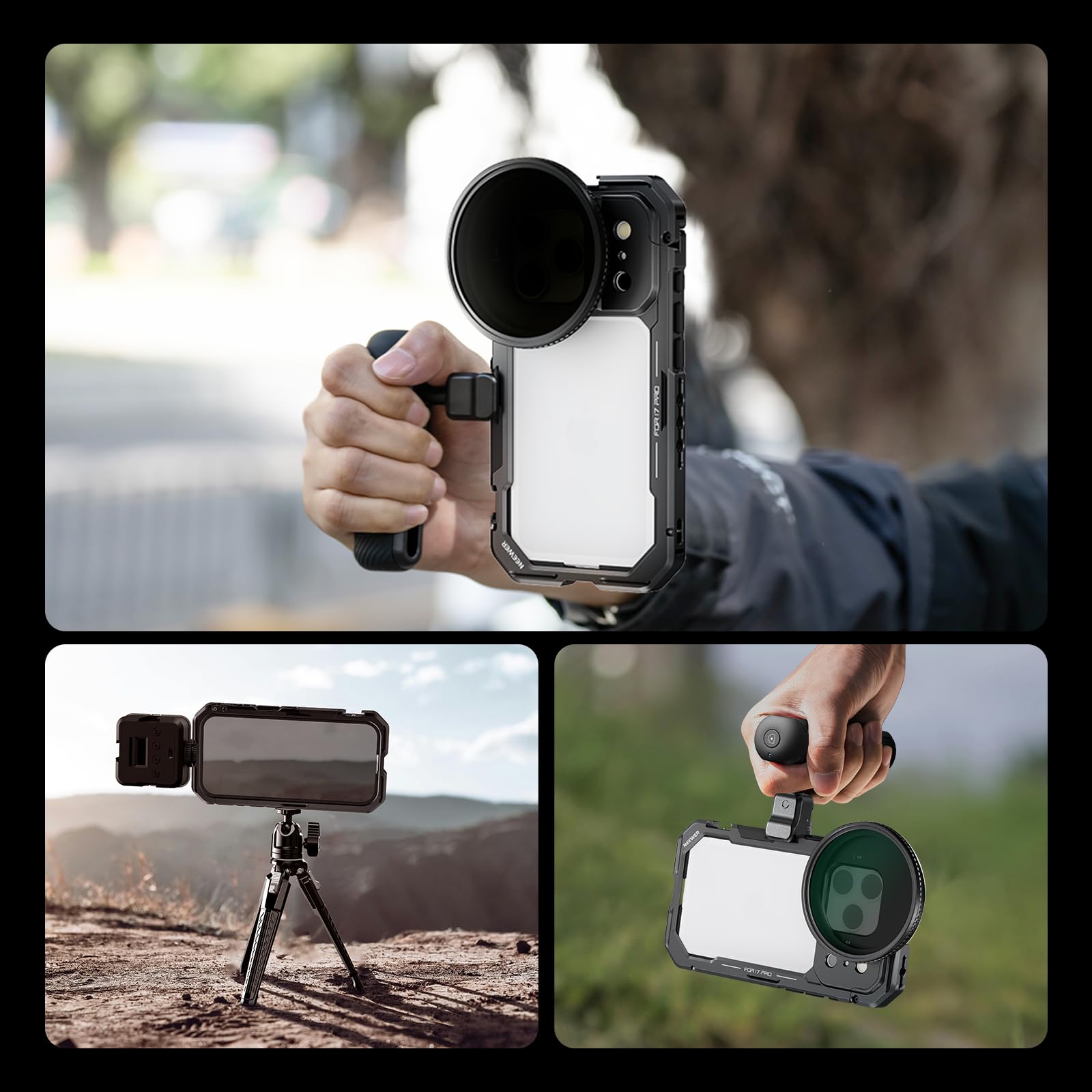 NEEWER Phone Cage Compatibile con iPhone 17 Pro, Accessorio Stabilizzatore Video Rig con Anello Filtro da 67mm, Backplate Lenti da 17mm, Adattatore T Mount, 4 Tappi di Controllo, PA143 (Nero)