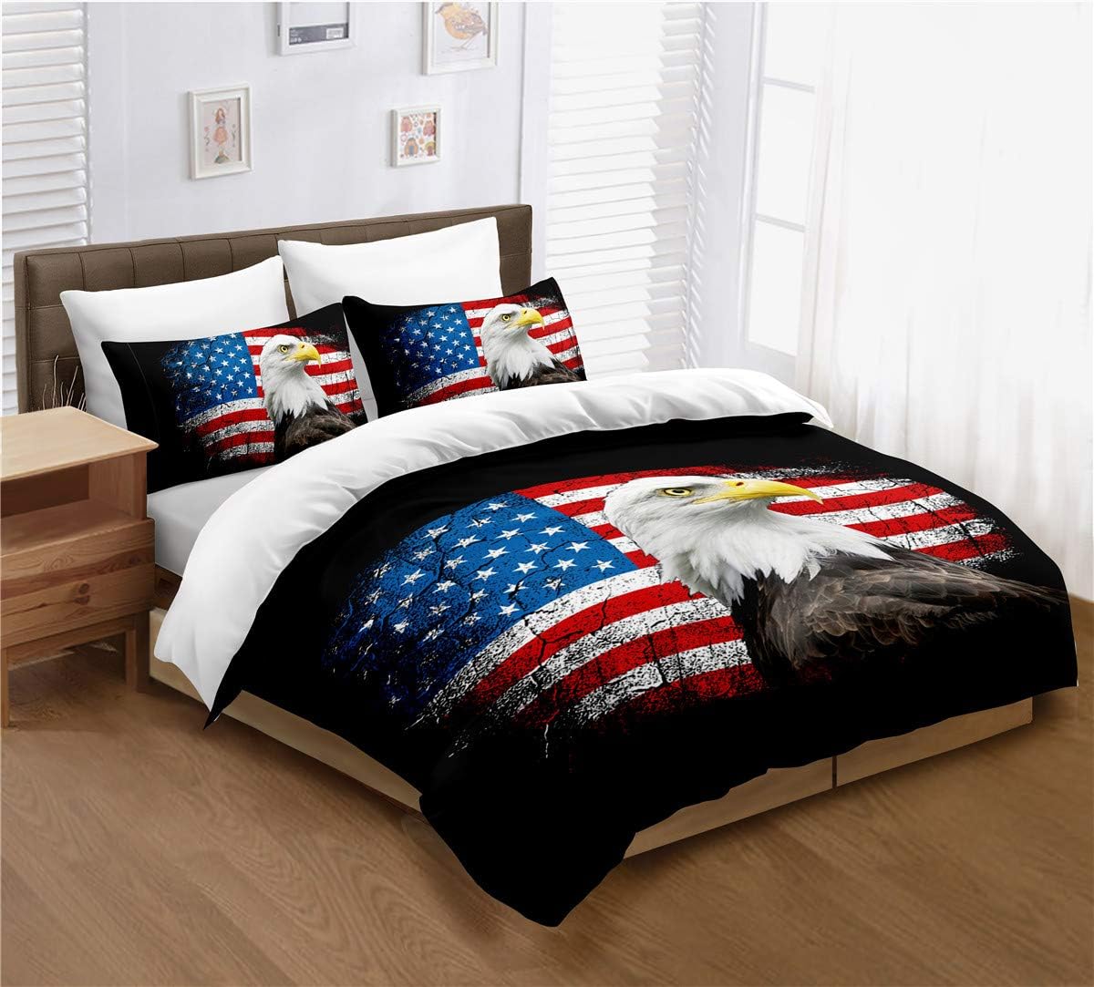 ayigu American Flag Duvet Cover Set Queen Size, Patriot Theme United States Flag Quilt Cover Independence Fourth of July Theme Decor, A Decorative 3 Piece Bedding Set with 2 Pillowcases, Bald Eagle