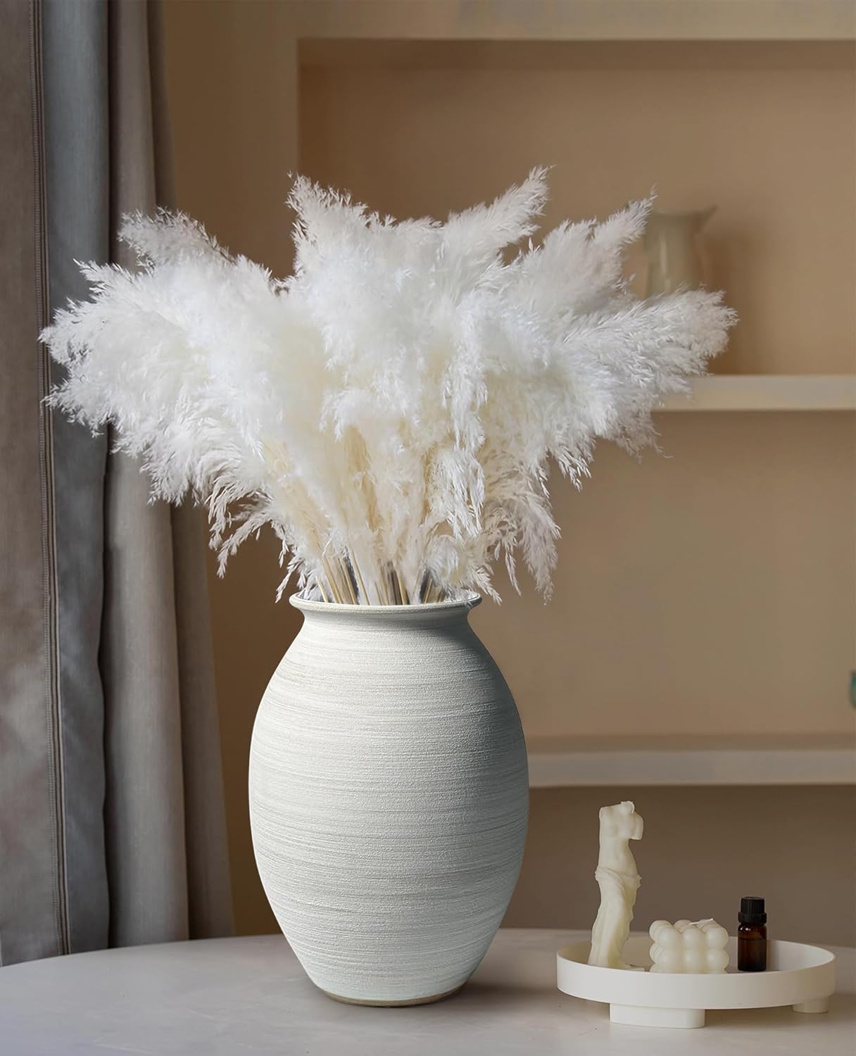 Textured Matte White Rustic Ceramic Vase Handmade Whitewashed Pottery Jar for Farmhouse, Table Centerpiece Holds Fresh/Dried Flowers, Neutral Home Decor, 9 inch Retro Vase for Eucalyptus, Olive